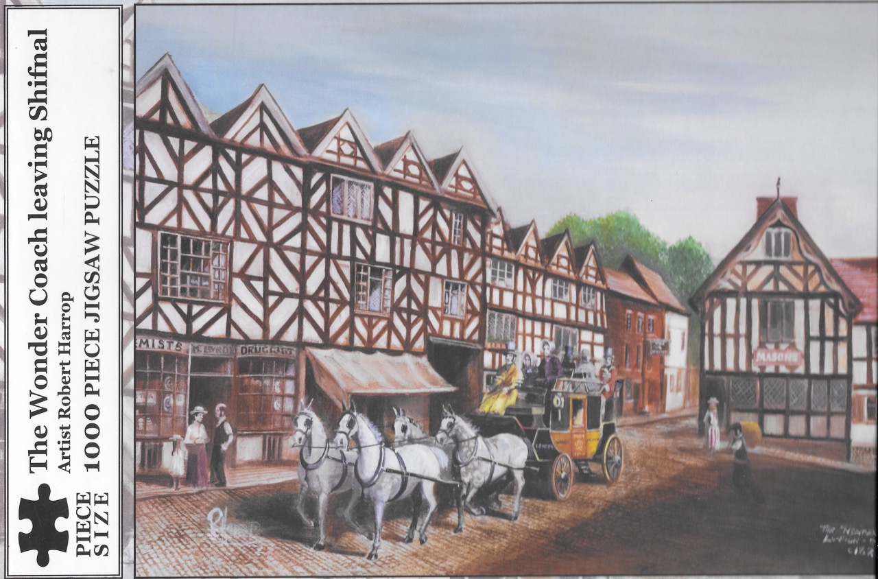 Jigsaw – Wonder Coach leaving Shifnal by artist Robert Harrop Box lid of the jigsaw puzzle The Wonder Coach leaving Shifnal by artist Robert Harrop