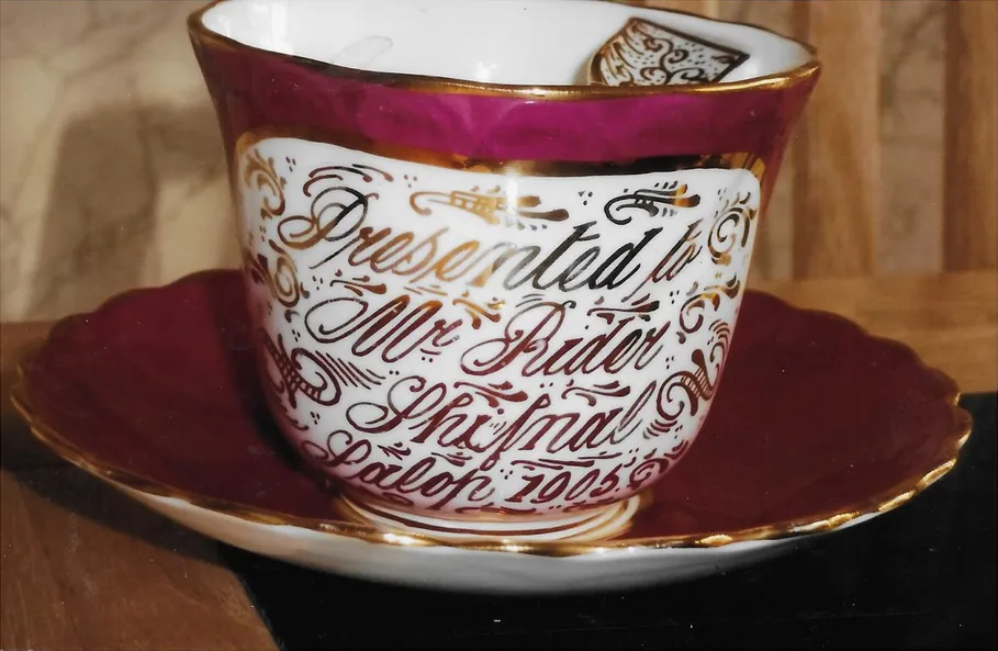 Cup and saucer which was presented to Mr & Mrs Rider, Shifnal, Salop, 1905